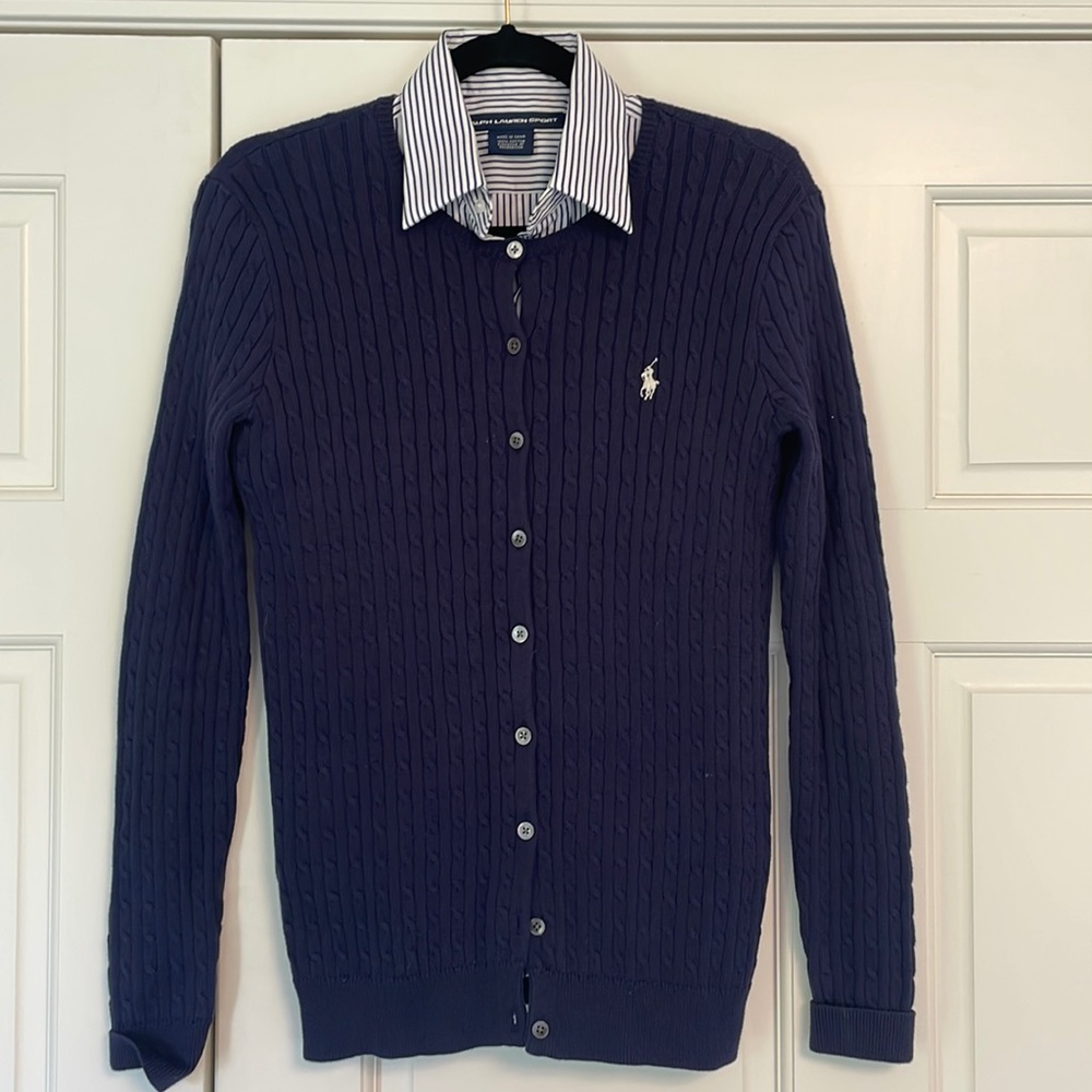 Ralph Lauren Navy Blue Cable Button Front Cardigan Sweater